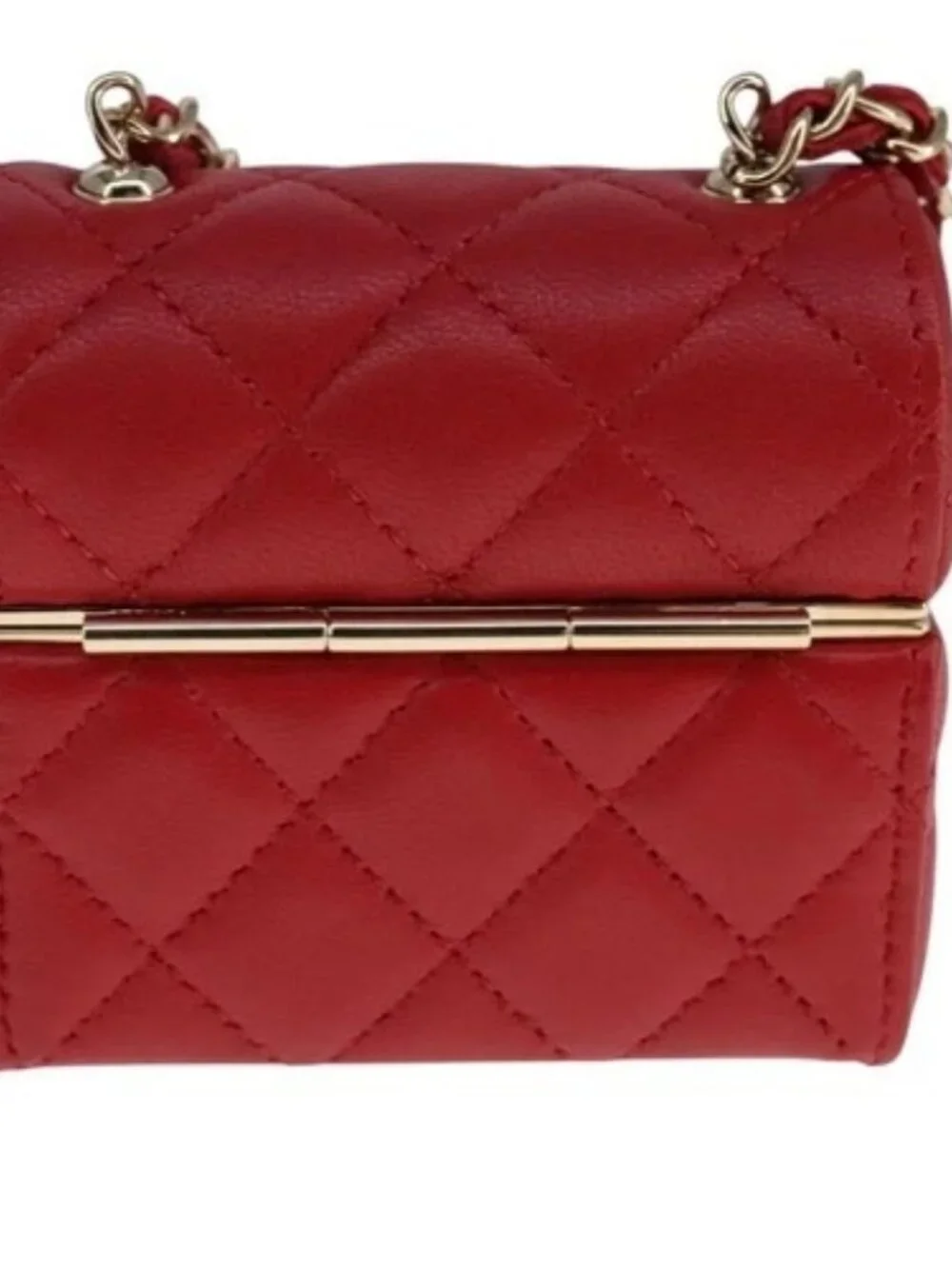 CHANEL Small Box Matelasse Chain Pouch Lamb Skin Red CC Auth 108916AV